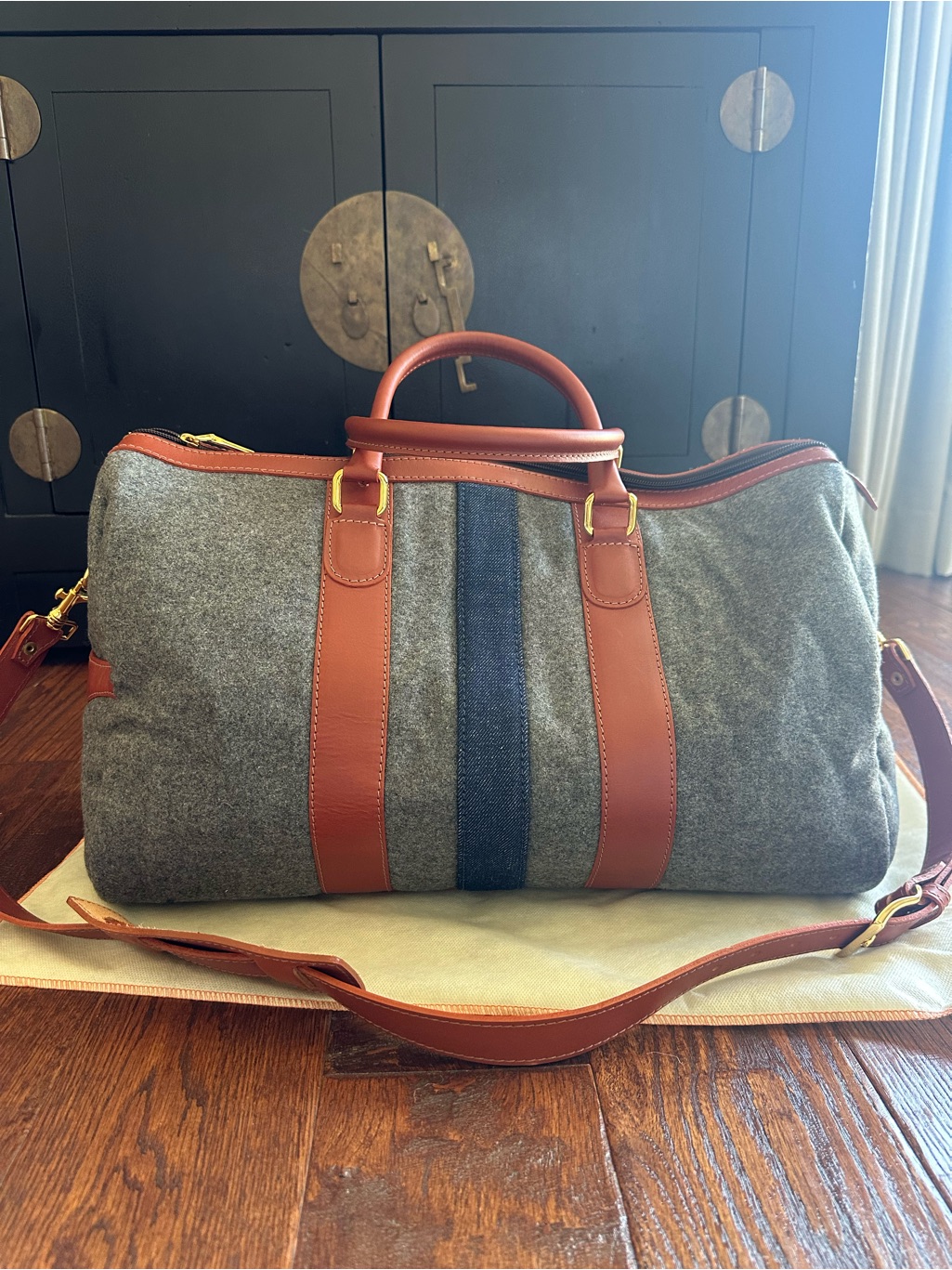 Grey Wool Weekender Bag With Cognac Leather Trim. Unused Excellent Condition